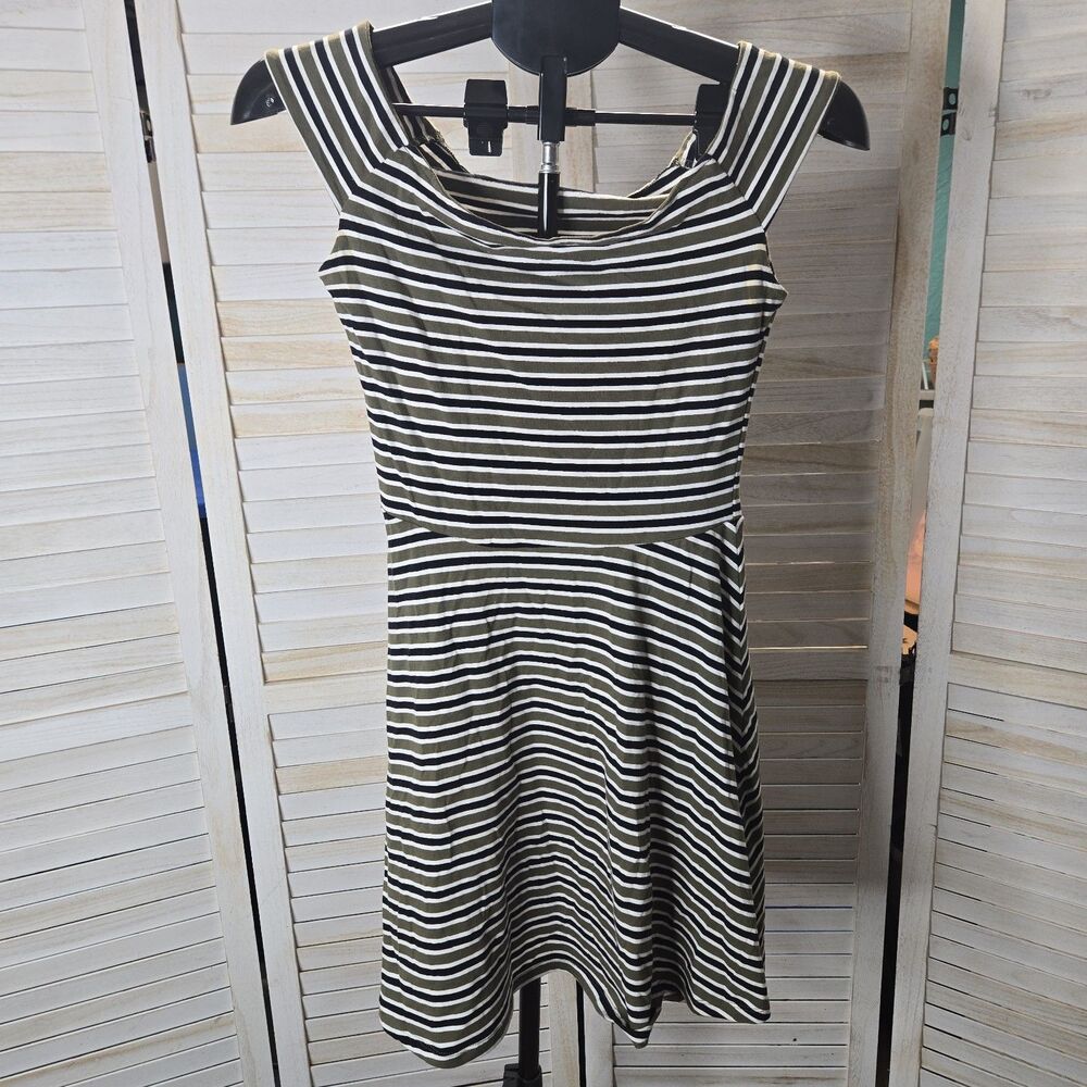 Derek Heart Dress XS Green Black White Striped Skater Nautical Preppy Y2K Casual